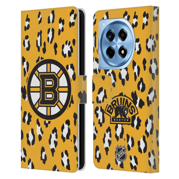 NHL Boston Bruins Leopard Patten Leather Book Wallet Case Cover For OnePlus 12R