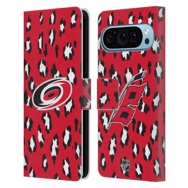 NHL Carolina Hurricanes Leopard Patten Leather Book Wallet Case Cover For Google Pixel 9 / Pixel 9 Pro