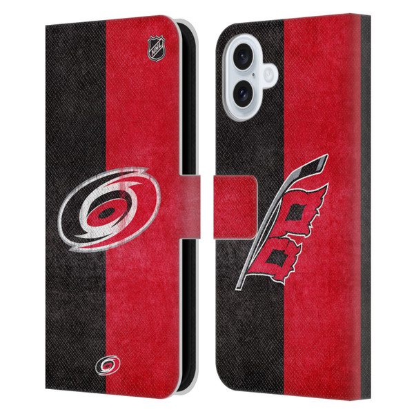 NHL Carolina Hurricanes Half Distressed Leather Book Wallet Case Cover For Apple iPhone 16 Plus