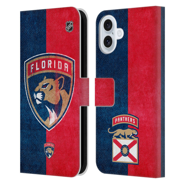 NHL Florida Panthers Half Distressed Leather Book Wallet Case Cover For Apple iPhone 16 Plus