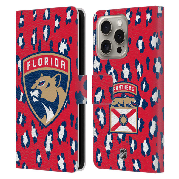 NHL Florida Panthers Leopard Patten Leather Book Wallet Case Cover For Apple iPhone 16 Pro