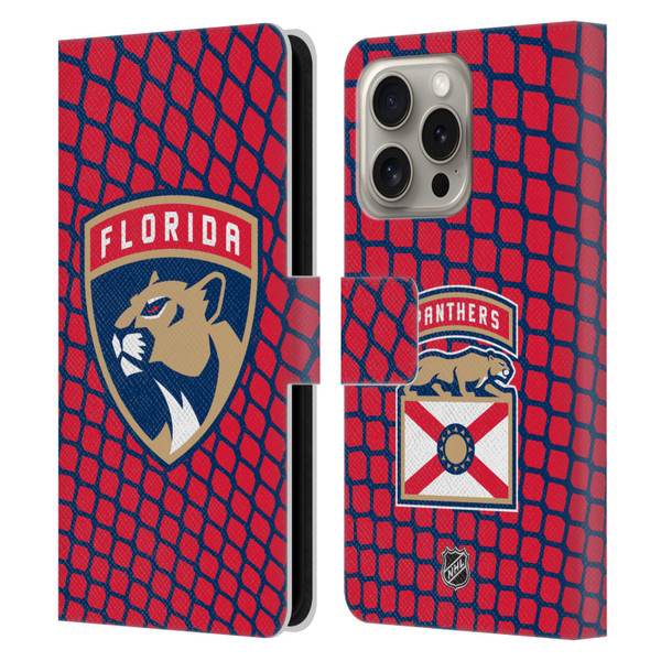 NHL Florida Panthers Net Pattern Leather Book Wallet Case Cover For Apple iPhone 16 Pro