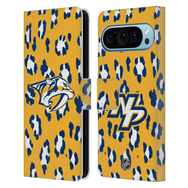 NHL Nashville Predators Leopard Patten Leather Book Wallet Case Cover For Google Pixel 9 / Pixel 9 Pro