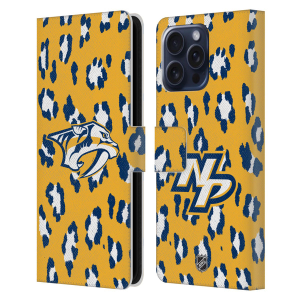 NHL Nashville Predators Leopard Patten Leather Book Wallet Case Cover For Apple iPhone 16 Pro Max