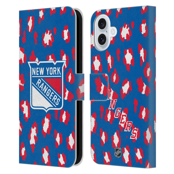 NHL New York Rangers Leopard Patten Leather Book Wallet Case Cover For Apple iPhone 16 Plus