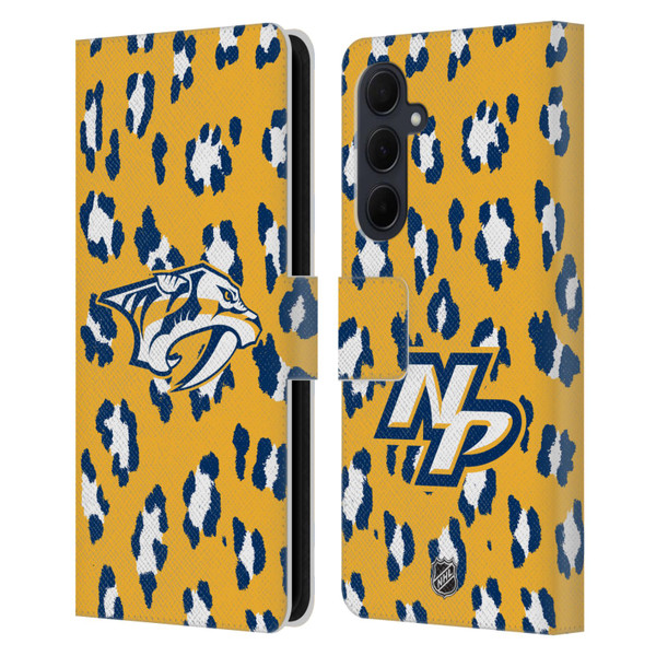 NHL Nashville Predators Leopard Patten Leather Book Wallet Case Cover For Samsung Galaxy A35 5G