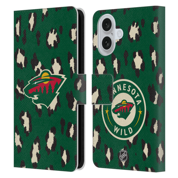 NHL Minnesota Wild Leopard Patten Leather Book Wallet Case Cover For Apple iPhone 16