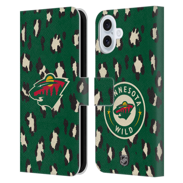 NHL Minnesota Wild Leopard Patten Leather Book Wallet Case Cover For Apple iPhone 16 Plus