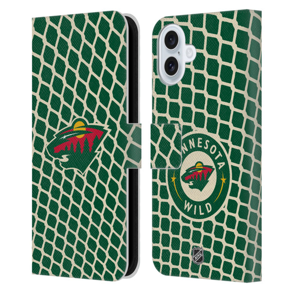 NHL Minnesota Wild Net Pattern Leather Book Wallet Case Cover For Apple iPhone 16 Plus