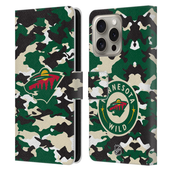 NHL Minnesota Wild Camouflage Leather Book Wallet Case Cover For Apple iPhone 16 Pro