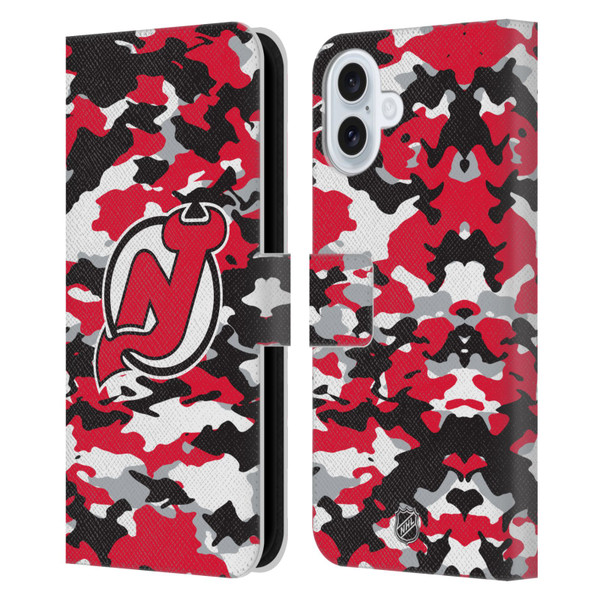 NHL New Jersey Devils Camouflage Leather Book Wallet Case Cover For Apple iPhone 16 Plus