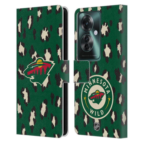 NHL Minnesota Wild Leopard Patten Leather Book Wallet Case Cover For OPPO Reno11 F 5G / F25 Pro 5G