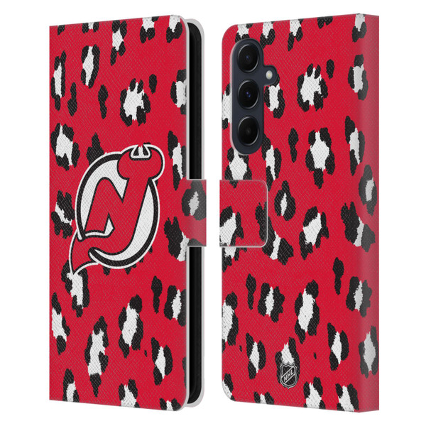 NHL New Jersey Devils Leopard Patten Leather Book Wallet Case Cover For Samsung Galaxy A55 5G
