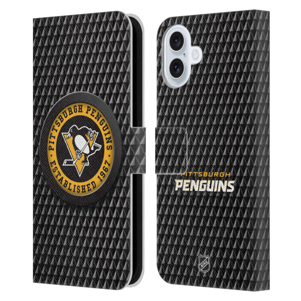 NHL Pittsburgh Penguins Puck Texture Leather Book Wallet Case Cover For Apple iPhone 16 Plus