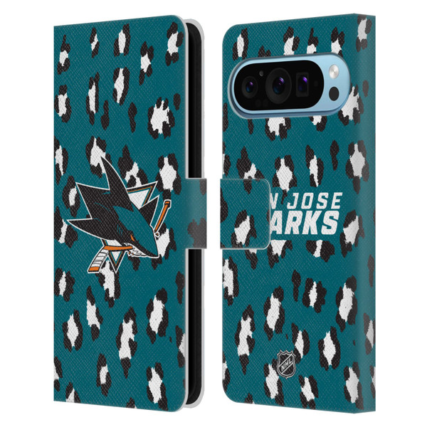 NHL San Jose Sharks Leopard Patten Leather Book Wallet Case Cover For Google Pixel 9 / Pixel 9 Pro