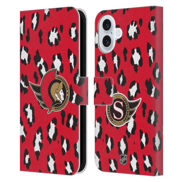 NHL Ottawa Senators Leopard Patten Leather Book Wallet Case Cover For Apple iPhone 16 Plus
