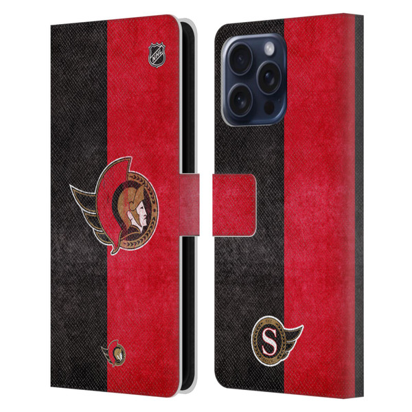 NHL Ottawa Senators Half Distressed Leather Book Wallet Case Cover For Apple iPhone 16 Pro Max