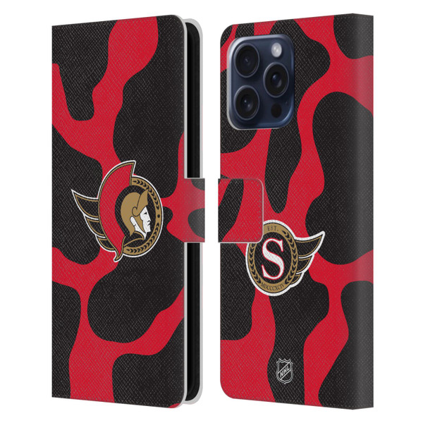 NHL Ottawa Senators Cow Pattern Leather Book Wallet Case Cover For Apple iPhone 16 Pro Max