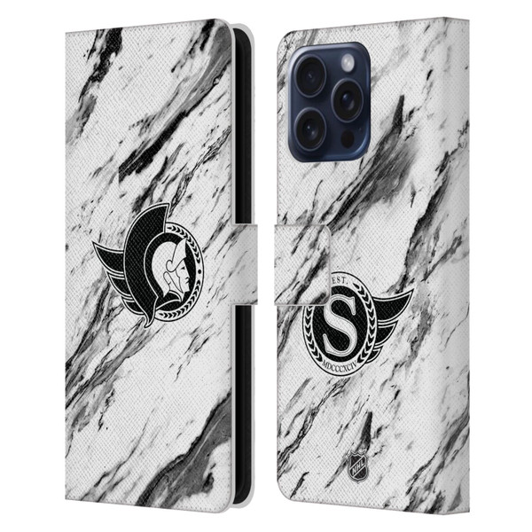 NHL Ottawa Senators Marble Leather Book Wallet Case Cover For Apple iPhone 16 Pro Max