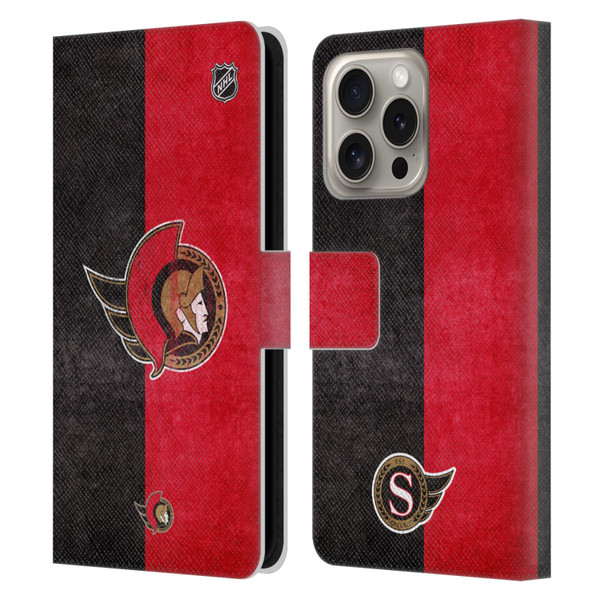 NHL Ottawa Senators Half Distressed Leather Book Wallet Case Cover For Apple iPhone 16 Pro