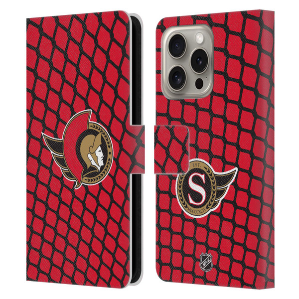 NHL Ottawa Senators Net Pattern Leather Book Wallet Case Cover For Apple iPhone 16 Pro