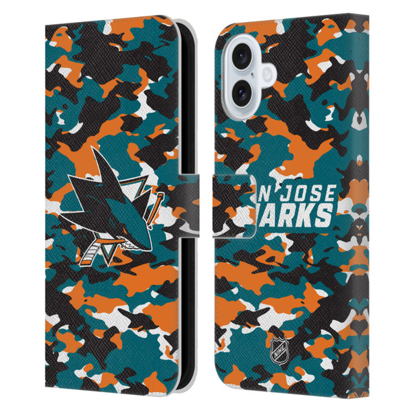 NHL San Jose Sharks Camouflage Leather Book Wallet Case Cover For Apple iPhone 16 Plus