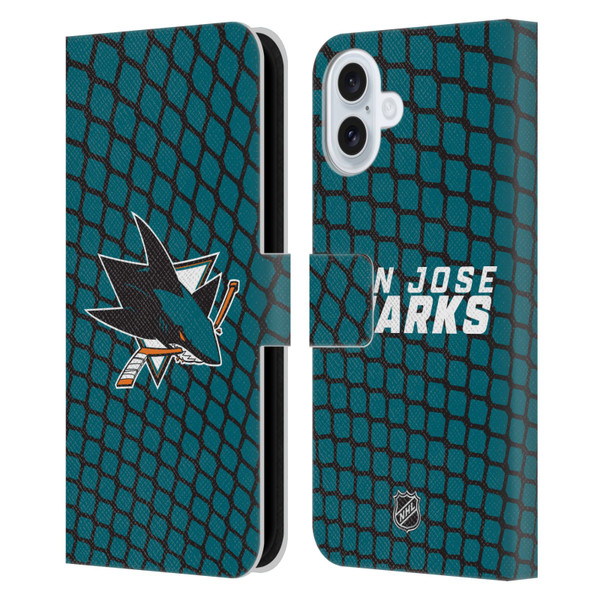 NHL San Jose Sharks Net Pattern Leather Book Wallet Case Cover For Apple iPhone 16 Plus