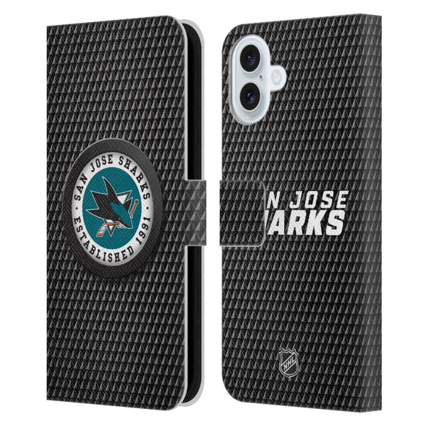 NHL San Jose Sharks Puck Texture Leather Book Wallet Case Cover For Apple iPhone 16 Plus