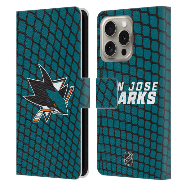 NHL San Jose Sharks Net Pattern Leather Book Wallet Case Cover For Apple iPhone 16 Pro