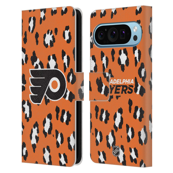 NHL Philadelphia Flyers Leopard Patten Leather Book Wallet Case Cover For Google Pixel 9 / Pixel 9 Pro