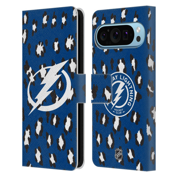 NHL Tampa Bay Lightning Leopard Patten Leather Book Wallet Case Cover For Google Pixel 9 / Pixel 9 Pro