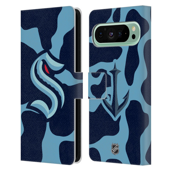 NHL Seattle Kraken Cow Pattern Leather Book Wallet Case Cover For Google Pixel 9 Pro XL