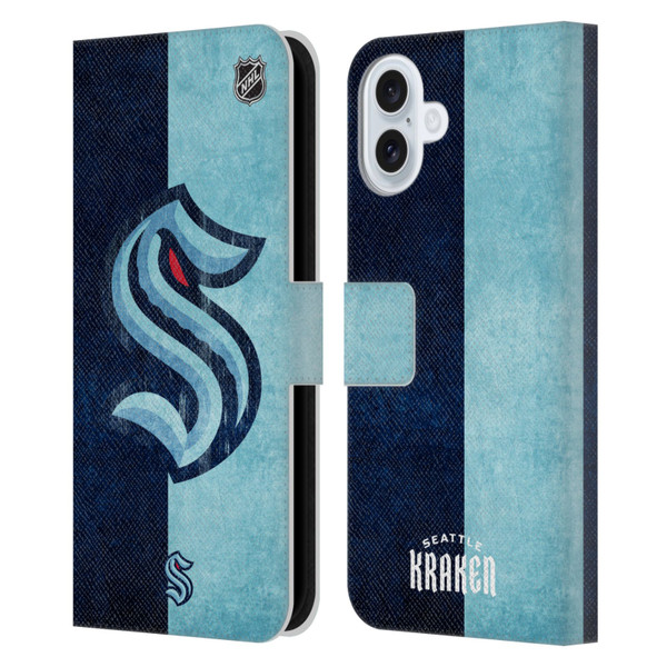 NHL Seattle Kraken Half Distressed Leather Book Wallet Case Cover For Apple iPhone 16 Plus