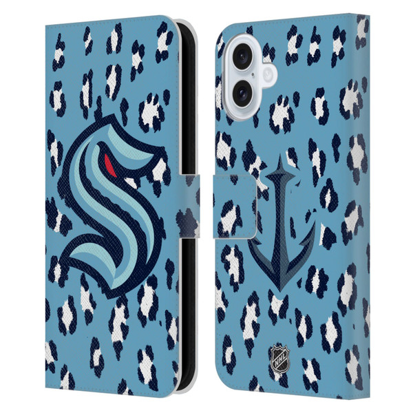 NHL Seattle Kraken Leopard Patten Leather Book Wallet Case Cover For Apple iPhone 16 Plus