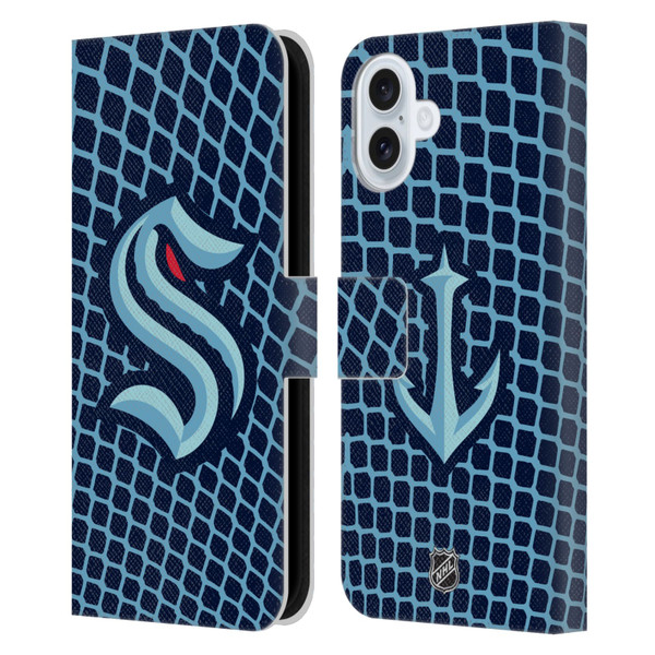 NHL Seattle Kraken Net Pattern Leather Book Wallet Case Cover For Apple iPhone 16 Plus