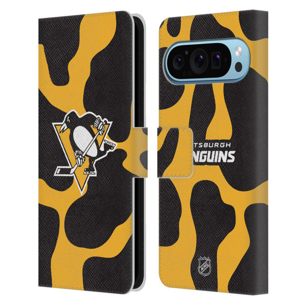 NHL Pittsburgh Penguins Cow Pattern Leather Book Wallet Case Cover For Google Pixel 9 / Pixel 9 Pro