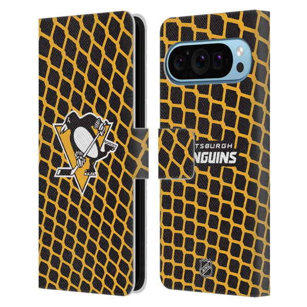 NHL Pittsburgh Penguins Net Pattern Leather Book Wallet Case Cover For Google Pixel 9 / Pixel 9 Pro
