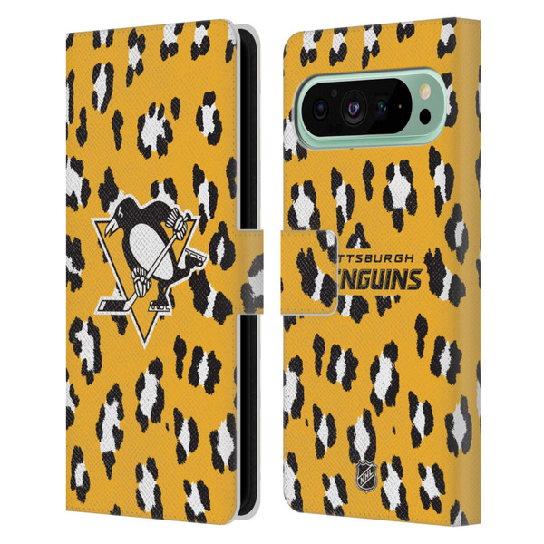 NHL Pittsburgh Penguins Leopard Patten Leather Book Wallet Case Cover For Google Pixel 9 Pro XL