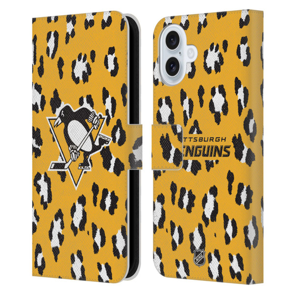 NHL Pittsburgh Penguins Leopard Patten Leather Book Wallet Case Cover For Apple iPhone 16 Plus