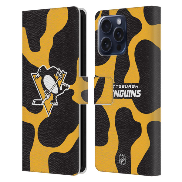 NHL Pittsburgh Penguins Cow Pattern Leather Book Wallet Case Cover For Apple iPhone 16 Pro Max
