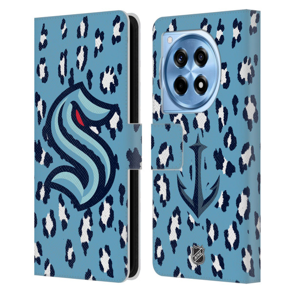 NHL Seattle Kraken Leopard Patten Leather Book Wallet Case Cover For OnePlus 12R