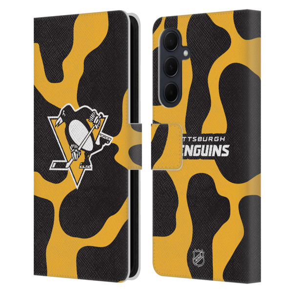 NHL Pittsburgh Penguins Cow Pattern Leather Book Wallet Case Cover For Samsung Galaxy A35 5G