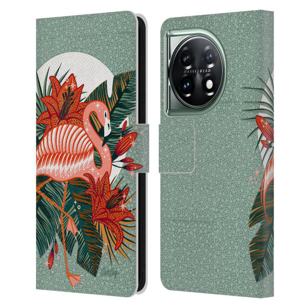 Cat Coquillette Tropical Wildlife Flamingo And Lilies Leather Book Wallet Case Cover For OnePlus 11 5G