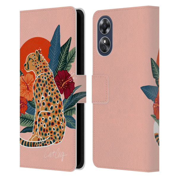 Cat Coquillette Tropical Wildlife Cheetah And Hibiscus Leather Book Wallet Case Cover For OPPO A17