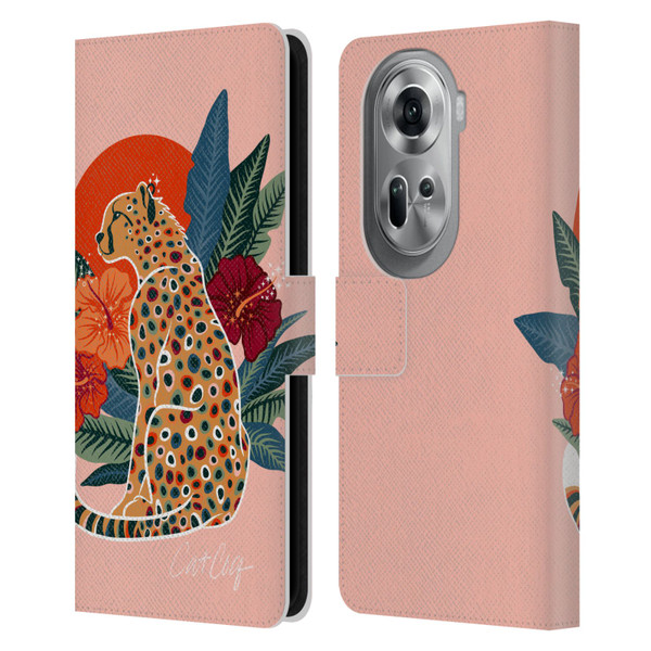 Cat Coquillette Tropical Wildlife Cheetah And Hibiscus Leather Book Wallet Case Cover For OPPO Reno11 Pro