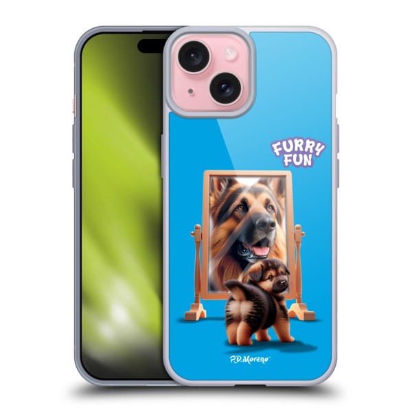 P.D. Moreno Furry Fun Artwork German Shepherd Mirror Soft Gel Case for Apple iPhone 15
