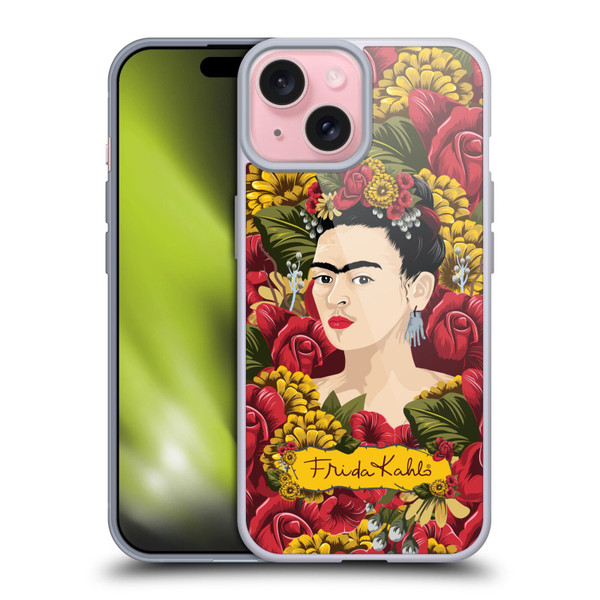 Frida Kahlo Red Florals Portrait Pattern Soft Gel Case for Apple iPhone 15 & MagSafe