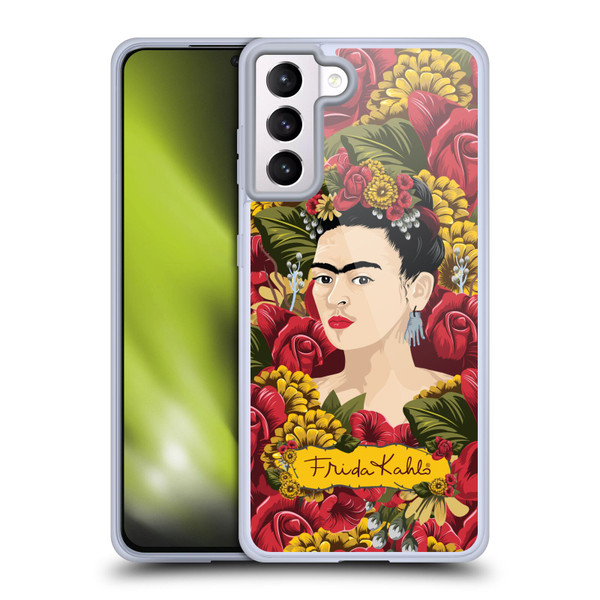 Frida Kahlo Red Florals Portrait Pattern Soft Gel Case for Samsung Galaxy S21+ 5G & MagSafe