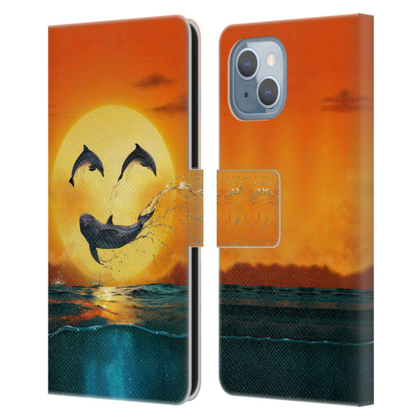 Vincent Hie Graphics Dolphins Smile Leather Book Wallet Case Cover For Apple iPhone 14