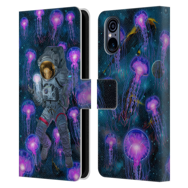 Vincent Hie Cosmic Wonder Jellyfish Astronaut Leather Book Wallet Case Cover For Sony Xperia 5 V 5G